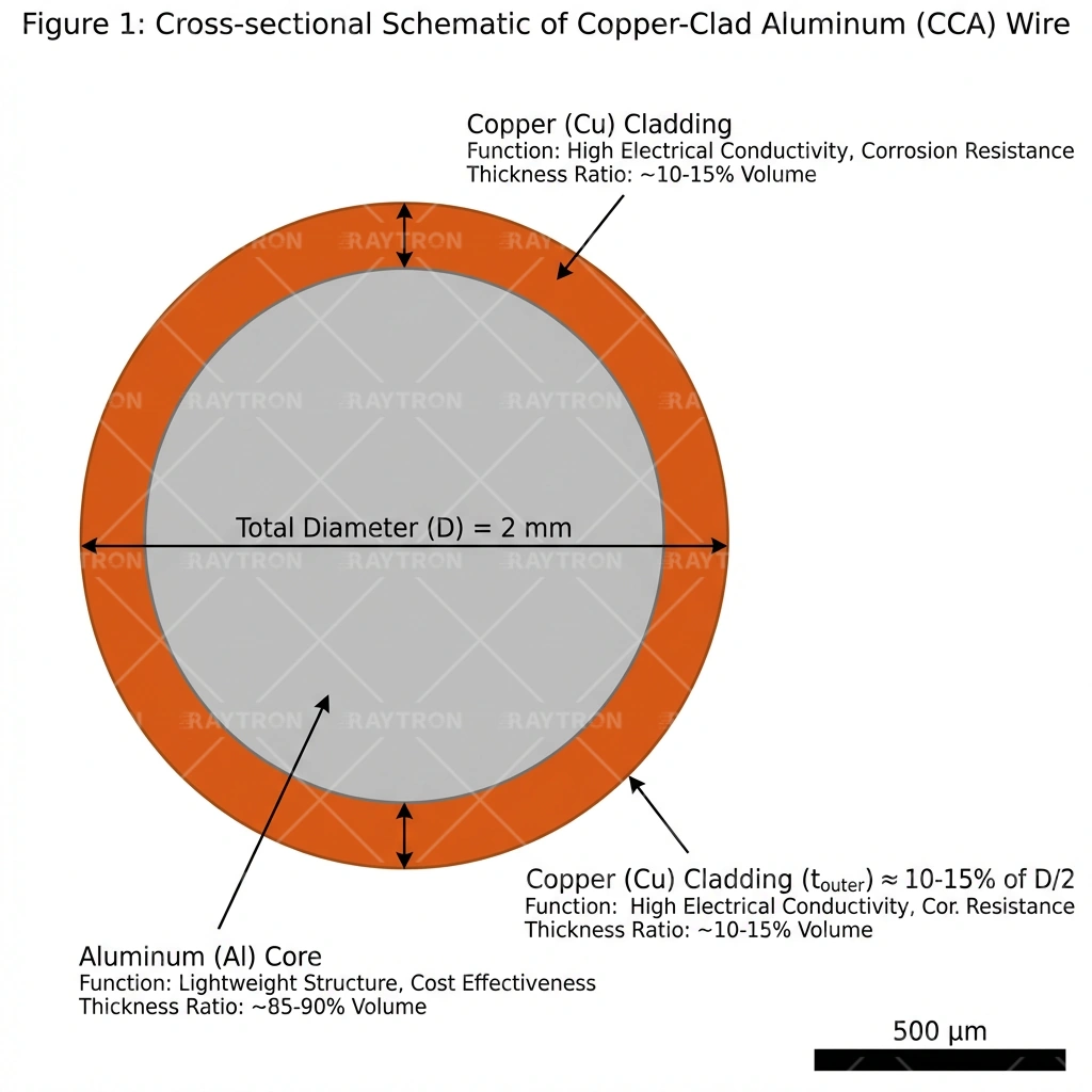 双金属线材横Cross-Section示意图，标注各层功能和厚度比例